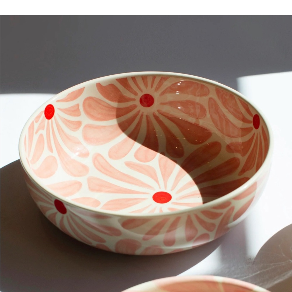 Anthropologie Rise & Shine Hand-Painted Pink Floral Ceramic Serving Bowl